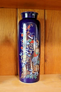 Gorgeous Cobalt Blue Japanese Vase Peacock, Floral Design Metallic Paint Colors - Picture 1 of 4
