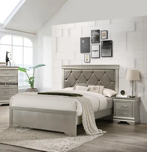 3pc Bedroom Set Faux Leather Fabric Upholstery Full Size Bed and Nightstand Set - Picture 1 of 5