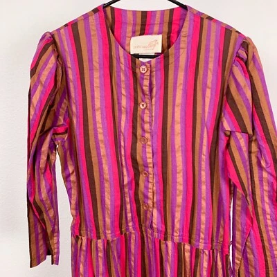 Vestido Grande Vintage Años 70 Patti Cappalli California Rosa Púrpura Rayas Manga Larga Foto 1 de 4