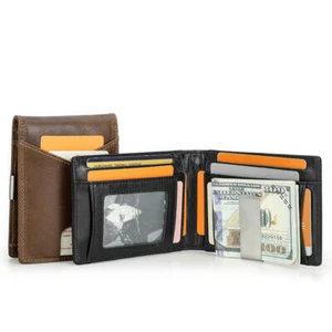 Contacts Men's Full Grain Cow Leather RFID Wallet Photo 9 Card Holder Money Clip - Picture 1 of 11
