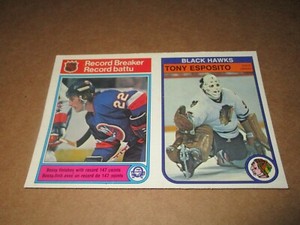 1982-83 OPC Hockey 2 CARD PANEL MIKE BOSSY TONY ESPOSITO CHICAGO BLACK HAWKS