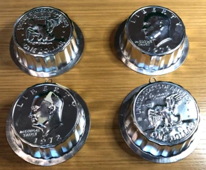 vtg tin cup cake molds 1972 Eisenhower Dollar coin shape * two pairs * NOS - Picture 1 of 17