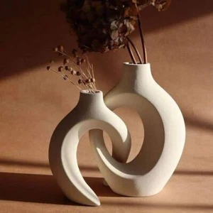 2er Set Keramik Vase Hohle Beige Moderne Vasen Dekovase Nordisches Vasen Deko - Bild 1 von 19