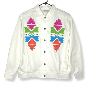 Vintage Joyce Sportswear Womens Jacket Large White Denim Southwest Studs Trucker - Picture 1 of 24