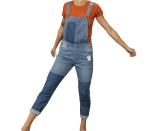 Women's Sz 8 Blue Denim Patch Work Bib Overalls Adjustable Straps EUC - Picture 1 of 9