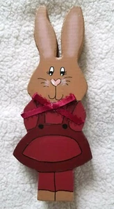 Wooden Hand Painted Handmade Shelf Décor ~ Girl Bunny ~ Red Dress with Red Bow - Picture 1 of 4