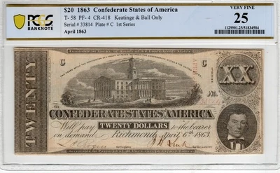 T-58 PF-24 1863 $20 Confederate Paper Money - PMG Very Fine 25 - Nice color! - Image 1 of 2