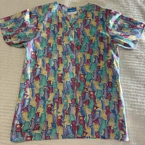 Crest Women's Scrub Top Cat Themed Multi-color 100% Cotton, Size Small - Picture 1 of 4