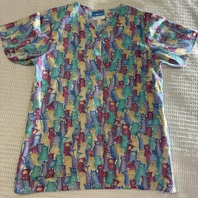 Crest Women's Scrub Top Cat Themed Multi-color 100% Cotton, Size Small - Image 1 of 4