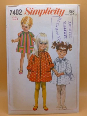 VTG 60s SIMPLICITY 7402 GIRLS' 23" 4 YRS RAGLAN GATHERED DRESS SEWING PATTERN - Image 1 of 2