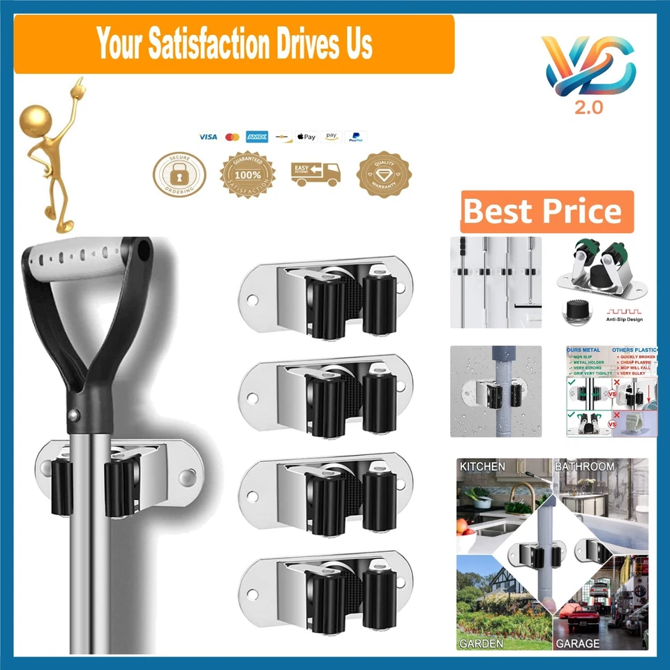 MOP and Broom Holder Wall Mount Heavy Duty Stainless Steel 4 Pack