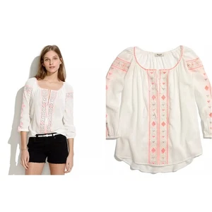 Madewell White Orange Loose Fit Embroidered Peasant Cover Up Top Size L Large - Picture 1 of 9
