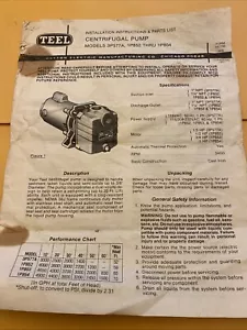 Teel Centrifugal Pump 3p577a, 1p852 thru 1p854. Parts And Instruction Manual - Picture 1 of 3