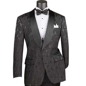 VINCI Men's Black Floral Jacquard Shawl Collar Tuxedo Jacket w/ Bow Tie - NEW - Picture 1 of 3