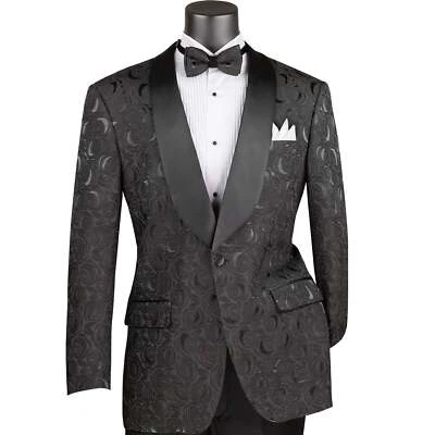 VINCI Men's Black Floral Jacquard Shawl Collar Tuxedo Jacket w/ Bow Tie - NEW - Image 1 of 3