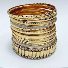 Gold colored Metal Clear Rhinestones Glitter Deco Multi Bangle Bracelet Set