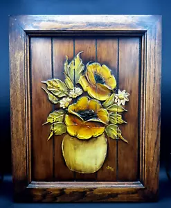 Vtg 3D Wood Plaque Flowers in Vase Wall Decor Handmade OOAK Signed 20x16.25" - Picture 1 of 14