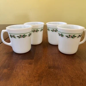 Lot of 4 Corning Pyrex Corelle HOLLY DAYS Mug Cup Christmas Milk Glass Retired - Picture 1 of 12