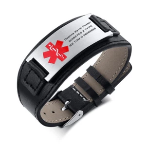 Personalized Engraving Medical Alert Leather Bracelet Stainless Steel Adjustable - Picture 1 of 16