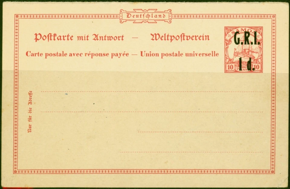 Samoa 1914 1d G.R.I. on 10pf Postcard H&G 1-4 Fine & Attractive - Image 1 of 1