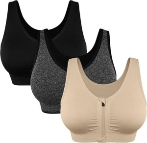 3 Women's Zip Front Sports Bra Wireless Post-Surgery Bra Active Yoga Sport Bra L - Picture 1 of 6