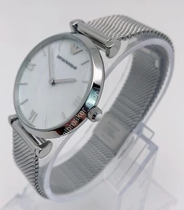 Emporio Armani AR1955 White Mother of Pearl Silver Tone Mesh Strap Ladies Watch - Picture 1 of 4