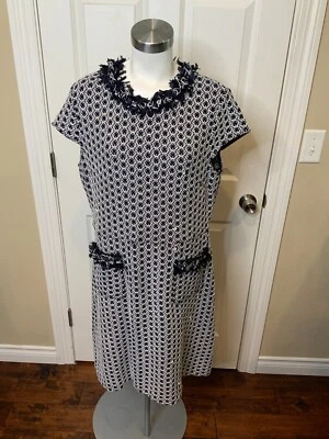 St. John Blue White Tweed Dress w/ Pockets & Fringe, Size 14 - Image 1 of 4