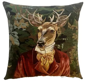 VERDURE STAG IN RED JACKET 18" BELGIAN TAPESTRY PILLOW CUSHION COVER, BEIGE BACK - Picture 1 of 7