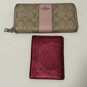 Coach Wallet Hot Pink Card Holder Signature C Canvas Corner Zip Lot Of 2 - Picture 1 of 11