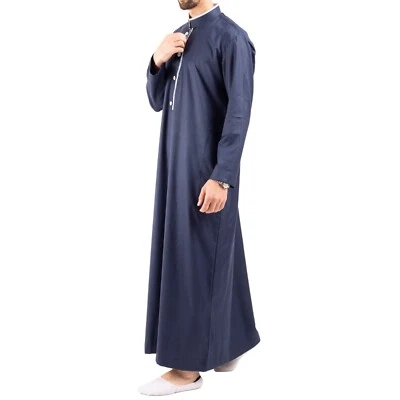 Hombre Azul Marino Thobe Islámico Jubba Bata Musulmán Eid Cuello Alto - Imagen 1 de 4