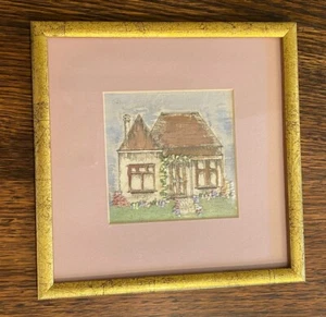 Vintge Embroidery Picture Tapestry Petit Point Needlework Framed English Cottage - Picture 1 of 8