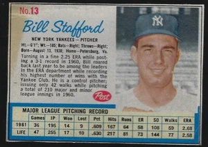 1962 Post - #13 Bill Stafford New York Yankees Pitcher Baseball Card - Picture 1 of 1
