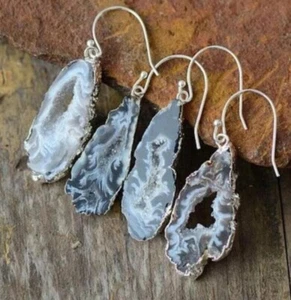 Natural Geode Slice Stone Druzy Agate Dangle Earrings for Strength Inner Peace - Picture 1 of 7