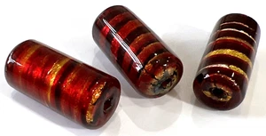 Cuentas de cuentas de vidrio de Murano veneciano: 3 tubos remolinados de lámina roja y dorada 29 mm (#21) - Imagen 1 de 5