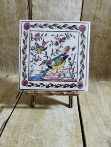 Portuguese Tile Trivet 4" Made in Portugal Birds w/ Flowers Metal Bamboo Stand - Picture 1 of 6
