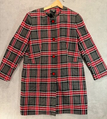 Chaqueta Abrigo Blazer Tartán Nine West Larga Roja Gris A Cuadros, Talla 12 Foto 1 de 4
