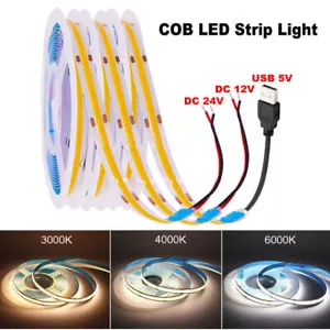 COB LED Strip Light Flexible Tape Lights Home DIY Lighting Warm White 5V 12V 24V - Picture 1 of 15