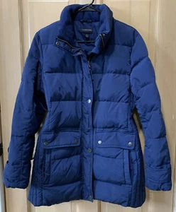 LANDS END Puffer Goose Down Quilted Parka Coat Women Large 14-16 Blue Mid Length - Picture 1 of 17