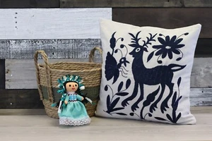 Navy Authentic Mexican Tenango Pillow Case, Otomi Art, Handmade Textile Cover - Picture 1 of 5