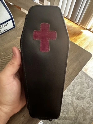 90's Hot Topic Black Faux Leather Goth Purple Cross body clutch NWT & Stickers - Image 1 of 4