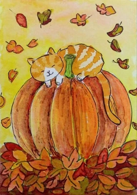 ACEO Original Acuarela Pintura Halloween Gato, Otoño Calabaza Animal Arte Foto 1 de 2