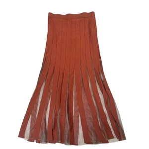 En Saison Midi Skirt Sheer Knit Pleated Rust Brown Stretchy Waist Small New - Picture 1 of 9