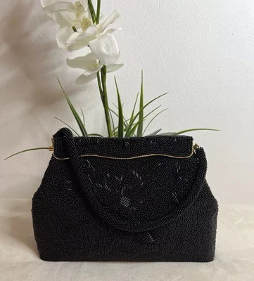 1950s Vintage Beautiful Black  seed Beaded Evening Purse Top Handle - Image 1 of 4