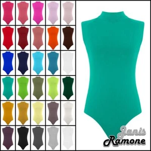 Womens Polo Neck Bodysuit Sleeveless Plain High Neck Leotard Stretch T-Shirt Top - Picture 1 of 30