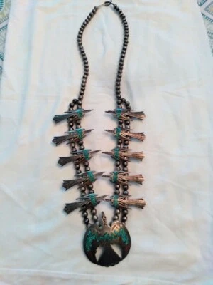 Vintage Navajo Peyote Bird NecklaceSterling Silver with turquoise and coral in - Image 1 of 2