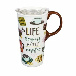 Taza de viaje de cerámica, 17 OZ., con caja y tapa tritana, la vida comienza después del café, 3,5"x - Imagen 1 de 4