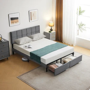 Queen Velvet Platform Bed with Storage Drawers & Wingback Headboard - Dark Grey - Picture 1 of 9