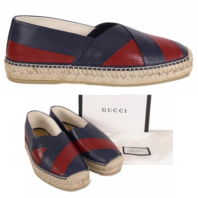 8.5G US 9 NUEVO $615 GUCCI Para hombres Azul Rojo CUERO PERFORADO ALPARGATAS PLANAS NUEVAS EN CAJA Foto 1 de 4