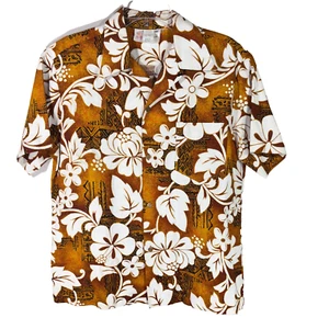Royal Hawaiian L Vintage Tropical Barkcloth Shirt Brown USA Lucky Coin Buttons - Picture 1 of 16
