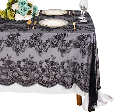 Shinybeauty 60X120-Inch Black Lace Tablecloth | Rectangular Floral Table Cloth | - Image 1 of 4